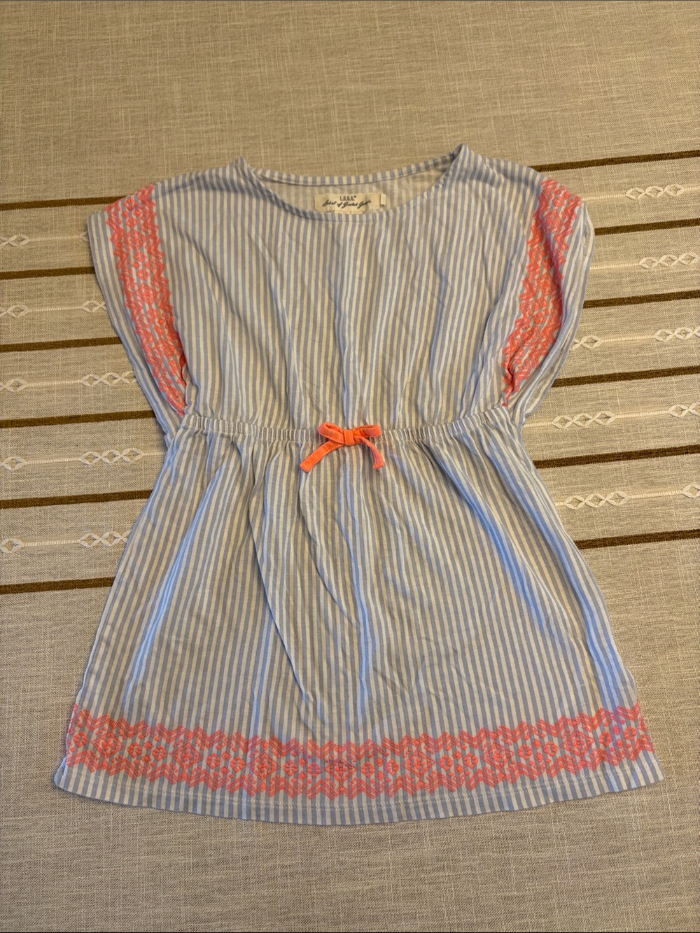 Blue and White Striped Dress with Coral Trim